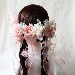 ローズピンクのオーガンジーダブルリボンとお花の髪飾り　振袖や袴、ドレスにも　　成人式ヘア飾り　卒業式ヘア飾り　結婚式 7枚目の画像