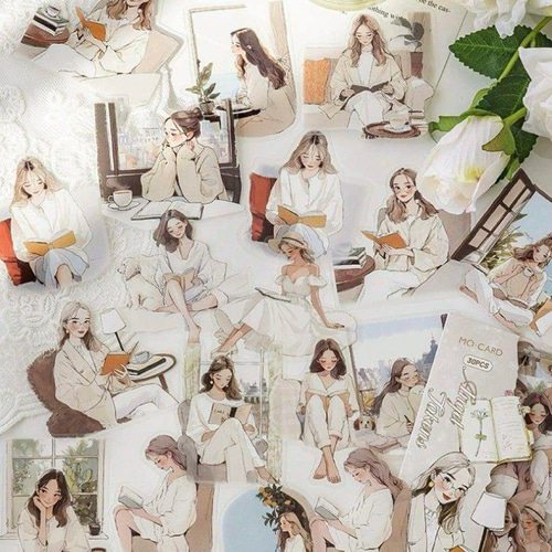 読書の時間 コラージュ 素材 6種 人物 ステッカー 女の子 シール 优雅