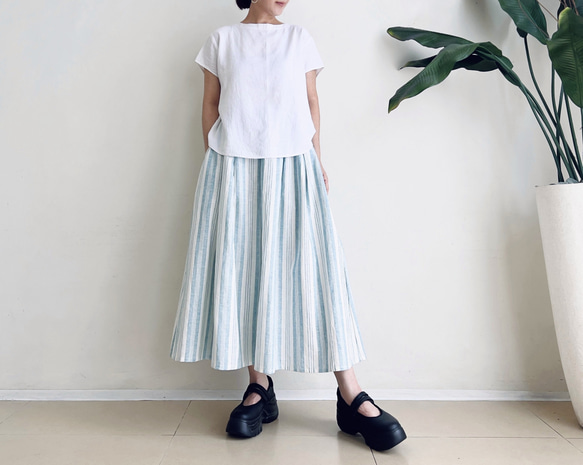 プリーツプリーズ スクリーントーン柄 スカート プリーツスカート * cotton Linen 素材 light Blue ストライプ柄