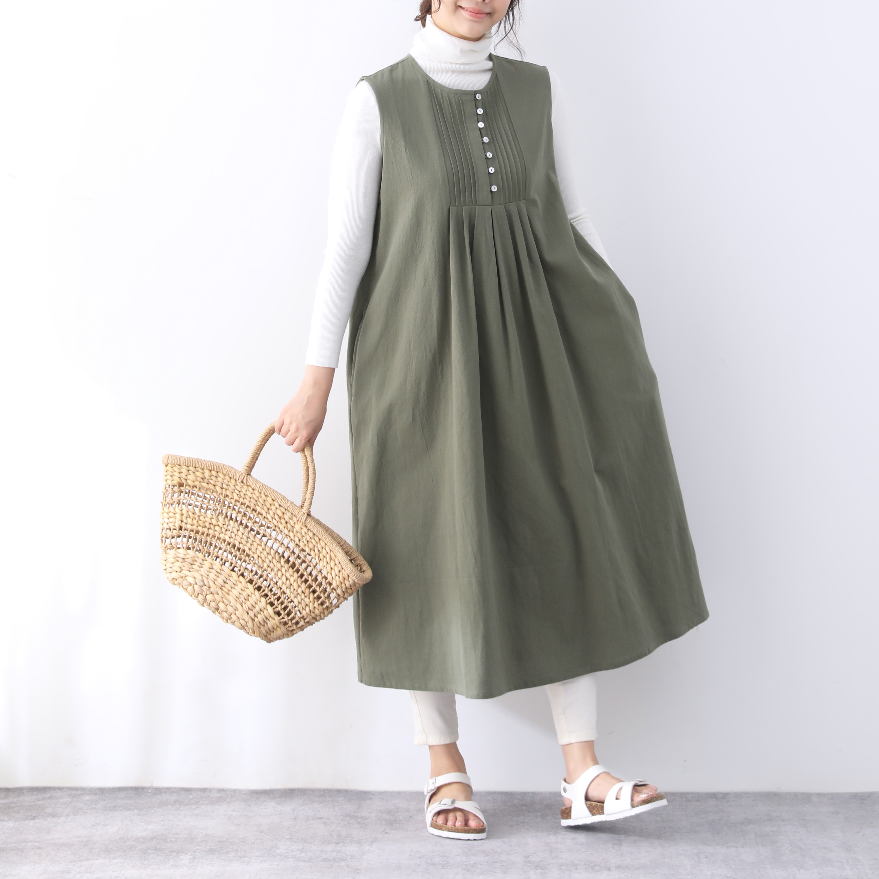 裾上げ無料♪サイズオーダー可♪ 26色展開 コットン　ノースリーブ　ピンタック　ロングワンピース