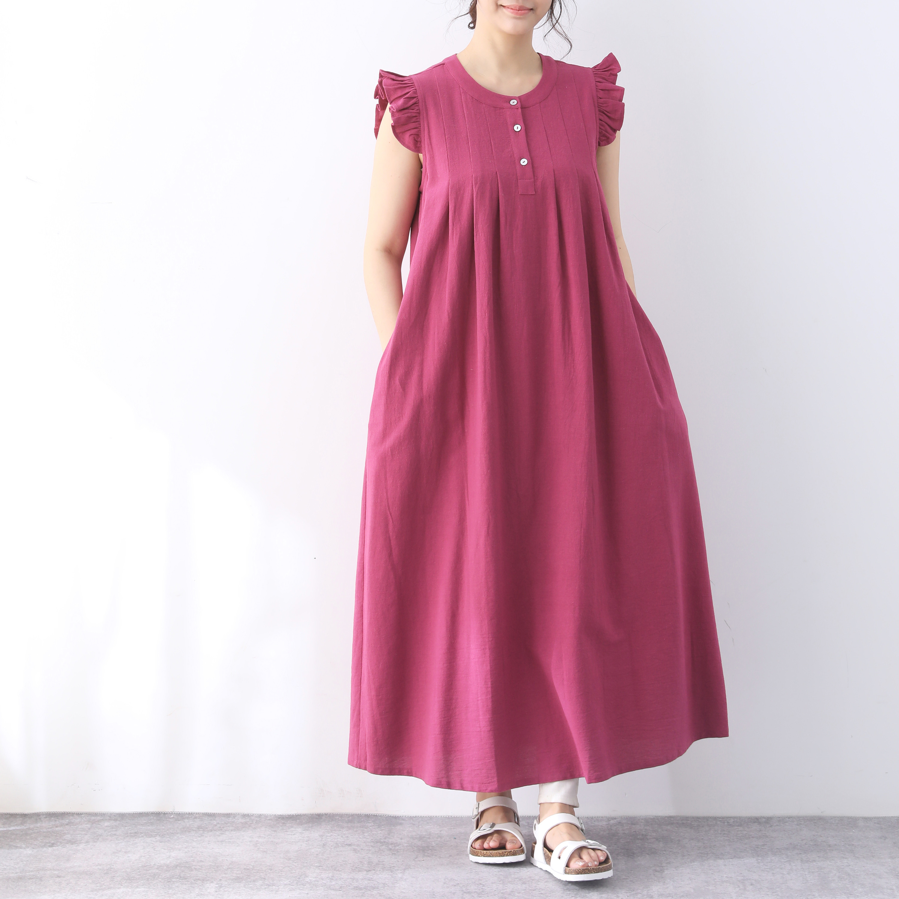 裾上げ無料♪サイズオーダー可♪ 26色展開 コットン　ノースリーブ　タック　ロングワンピース