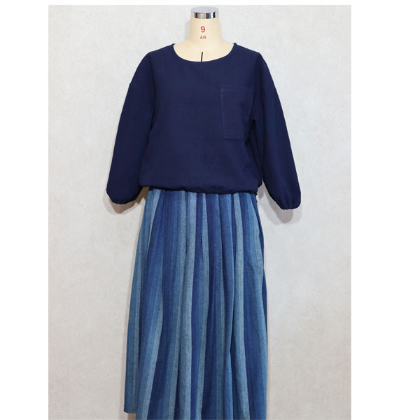 受注制作商品/備後節織藍染/裾紐ブラウス/5号～9号サイズ展開/（BL-0710b))