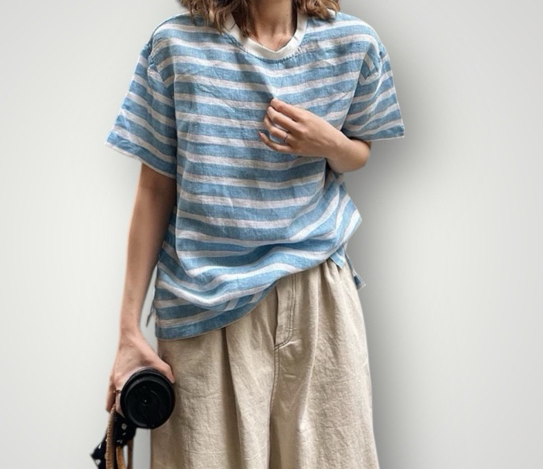 リネン100％（4color）麻 ストライプ ゆったり 半袖Tシャツ 着心地よいトップス