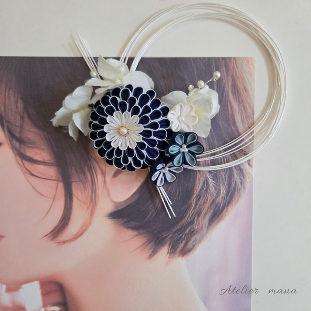 【ショート・ボブヘアにも】和装　つまみ細工半くすの髪飾り　ウェディングや成人式・卒業式に