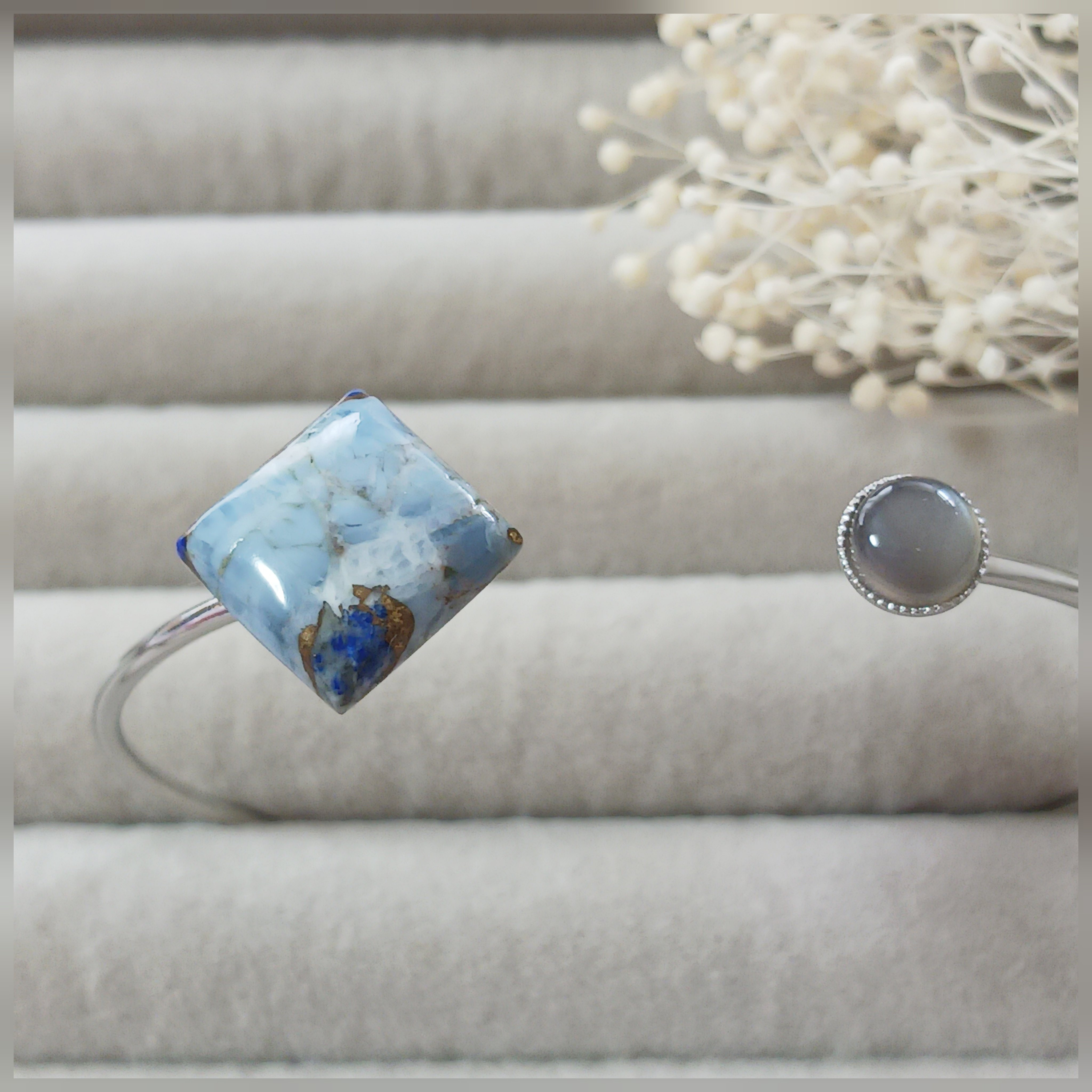 天然石バングル　ブルーオパール　ラピスラズリ　コッパー　ムーンストーン　コンポジットストーン　ブルー系　誕生石