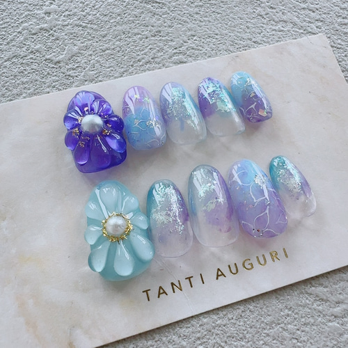 ネイルチップ紫陽花梅雨3Dてるてる坊主ニュアンスオーロラ985 ネイルチップ紫陽花梅雨3Dてるてる坊主ニュアンスオーロラ985