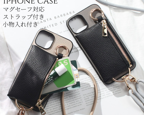 小馬チャーム付き カード収納 iPhoneケース 15/16/17対応 ミラー付き iphone 17 16 15 14 13 ケース カード収納 ジップ