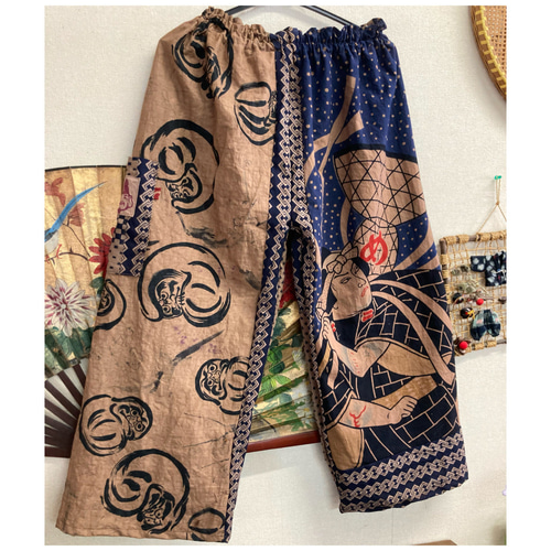 柿渋染め手ぬぐいと浴衣を使った3段ティアードパンツ 金魚 豆絞り 柿渋