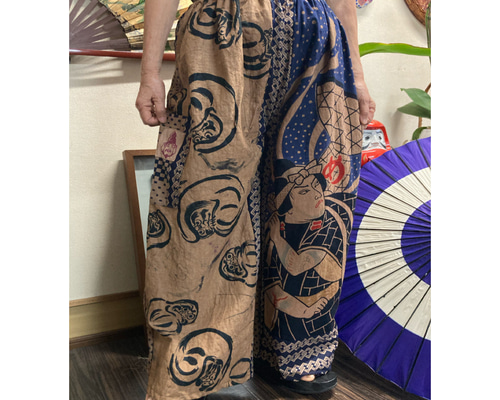 柿渋染めもんぺ【獅子】ハンドメイド サルエル ワイドパンツ 七宝柄 正月伝統行事 柿渋染め サルエルパンツ 古布 古布リメイク 風呂敷リメイク