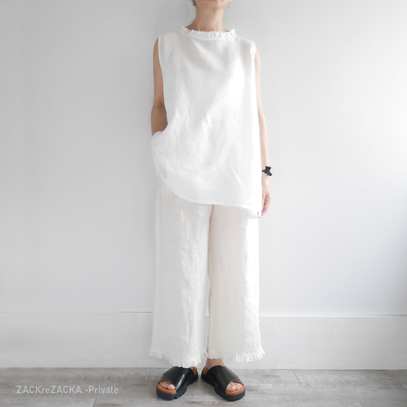 再販｜リネン100%軽やかフリンジフリル｜首もとおしゃれに涼しく華やぐ♡夏ブラウス｜白・黒 5枚目の画像