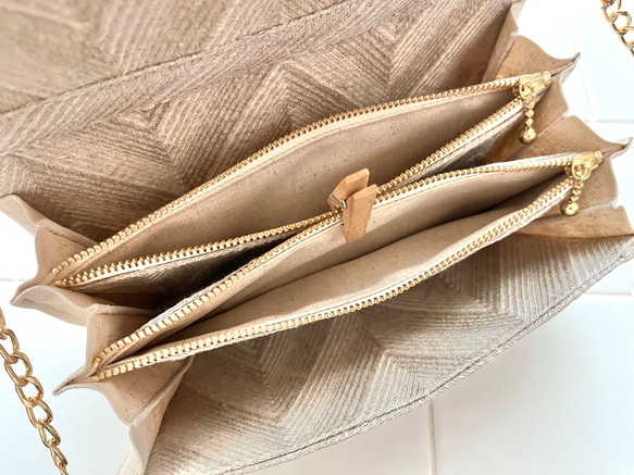 新色グレージュ《 herringbone 》フレンチリネンのジャガード織ヘリンボーン軽やかショルダーバッグ 16枚目の画像