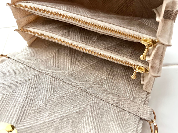 新色グレージュ《 herringbone 》フレンチリネンのジャガード織ヘリンボーン軽やかショルダーバッグ 14枚目の画像