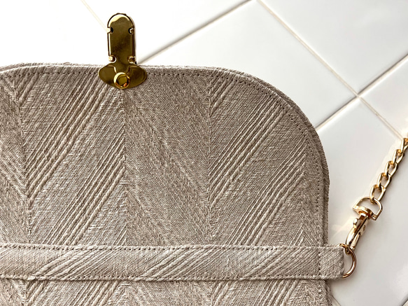 新色グレージュ《 herringbone 》フレンチリネンのジャガード織ヘリンボーン軽やかショルダーバッグ 10枚目の画像