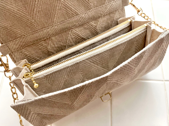 新色グレージュ《 herringbone 》フレンチリネンのジャガード織ヘリンボーン軽やかショルダーバッグ 15枚目の画像