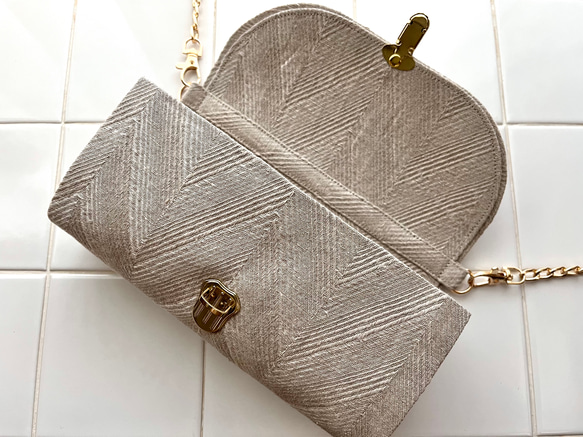 新色グレージュ《 herringbone 》フレンチリネンのジャガード織ヘリンボーン軽やかショルダーバッグ 8枚目の画像