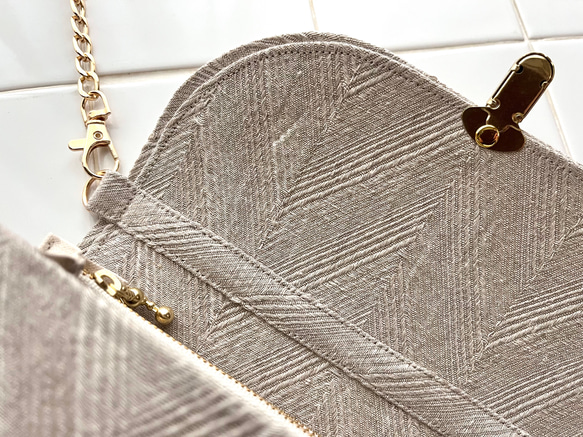 新色グレージュ《 herringbone 》フレンチリネンのジャガード織ヘリンボーン軽やかショルダーバッグ 9枚目の画像