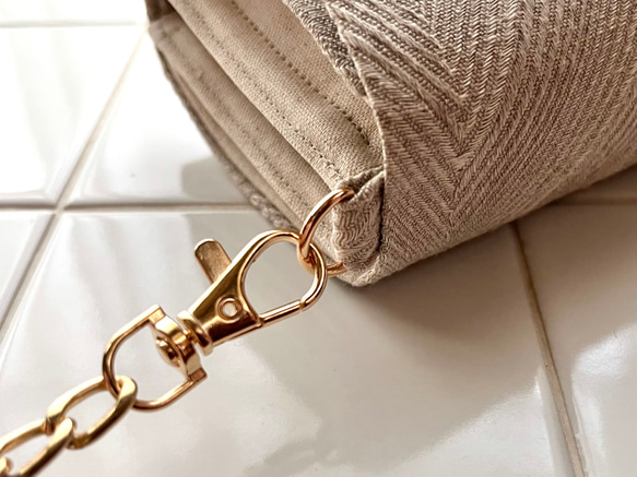 新色グレージュ《 herringbone 》フレンチリネンのジャガード織ヘリンボーン軽やかショルダーバッグ 6枚目の画像