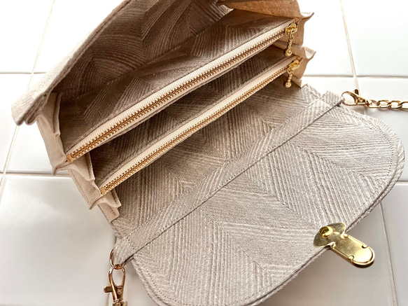 新色グレージュ《 herringbone 》フレンチリネンのジャガード織ヘリンボーン軽やかショルダーバッグ 13枚目の画像