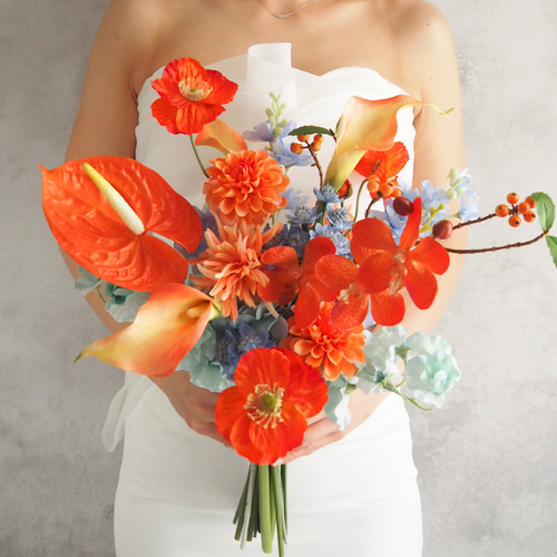 【値下げ】アーティフィシャルフラワー　ブーケ オレンジ 結婚式 高級 くすみオレンジ アーティフィシャルフラワーブーケ