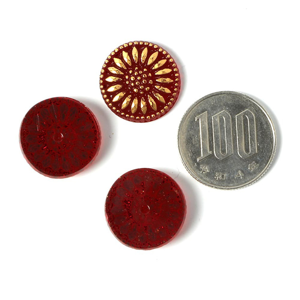 ガラスカボション 1.8cm ひなぎく ワインレッド＆ゴールド 3枚目の画像