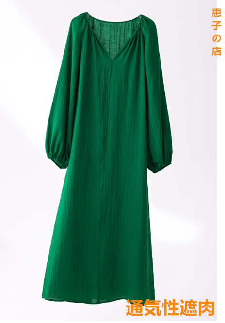 ワンピースロングスカート2025春夏新作女性はカジュアルでゆったりしている。パフスリーブ。リラックスムード海辺グリーン