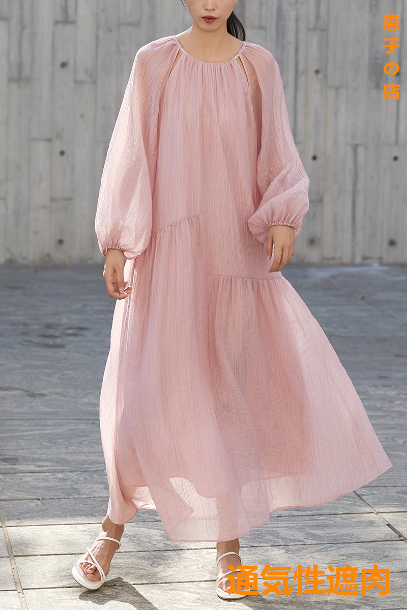 春夏リゾート風新作ワンピースウエストすっきり優しげロングスカートゆったりフレンチピンクプリーツスカート