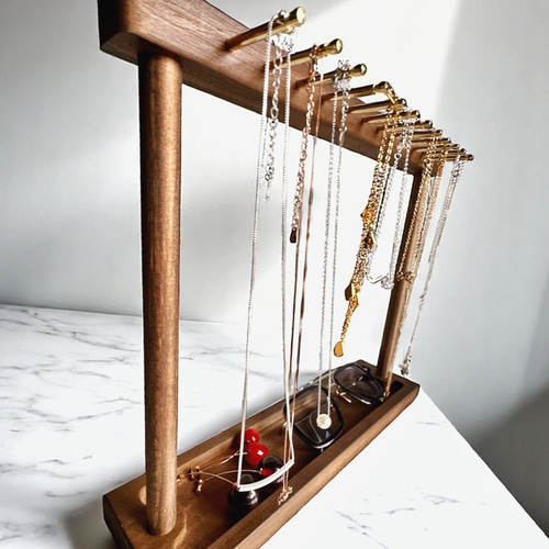 12フック トレイ付き ネックレススタンド 木製ネックレスディスプレイ