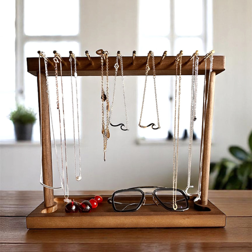 12フック トレイ付き ネックレススタンド 木製ネックレスディスプレイ