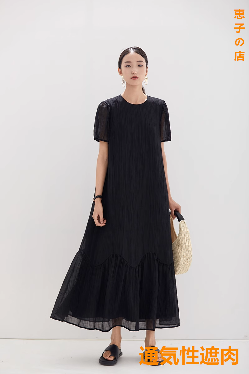 ワンピース半袖変則膝丈スカートキルティングデザインゆったりchill風黒ロングスカート新型