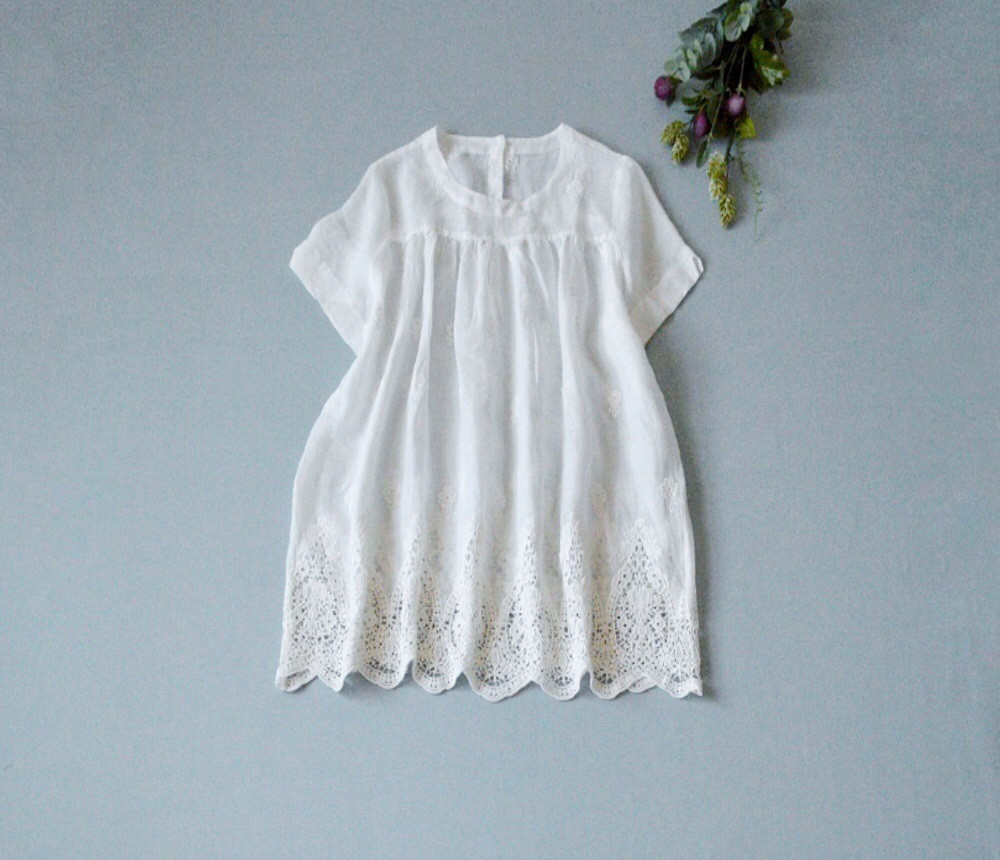 リネン100%レース刺繍ゆったり大人可愛い半袖トップス♪