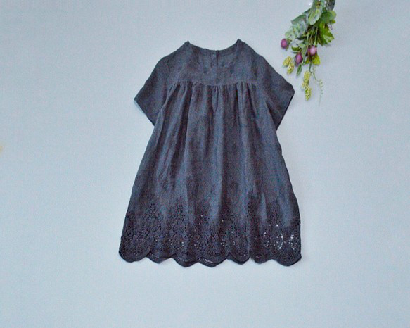 リネン100%レース刺繍ゆったり大人可愛い半袖トップス♪