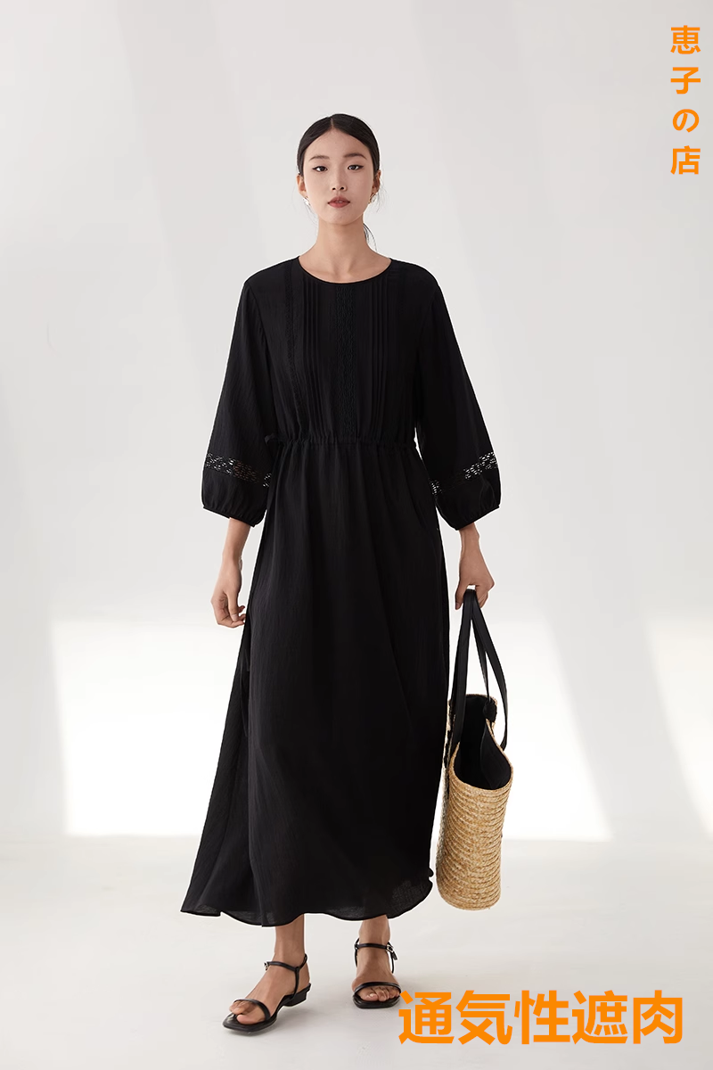 ワンピースワンピースレディースロングスカート春秋服新型たるみ調節ウエストゆったり雰囲気ブラック透かしレース