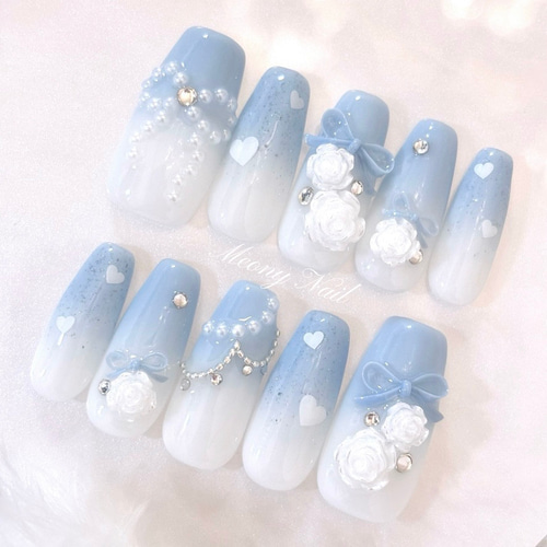 ネイルチップ ワンホン フレンチガーリー ビジュー 薔薇 リボン No.102 オーダー ♡ バラ ローズ 薔薇 リボン ジェル ネイル