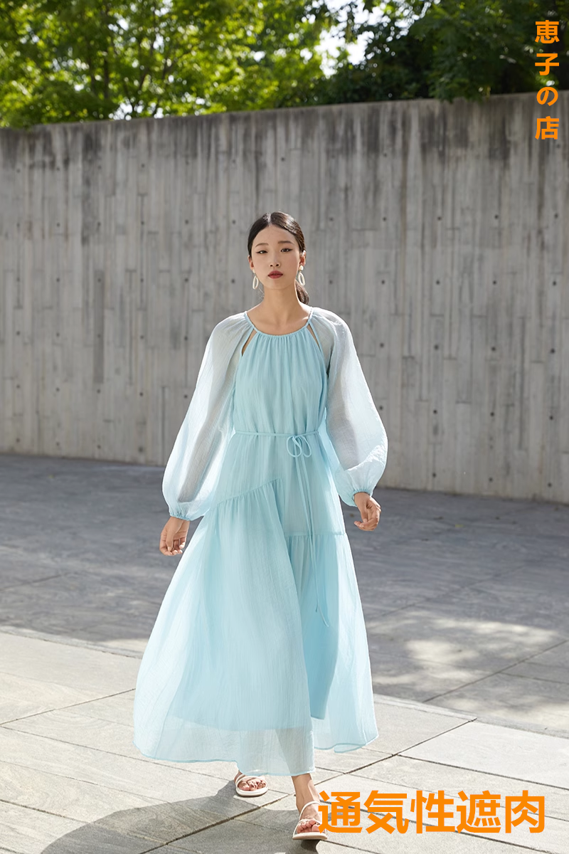 春夏の新作ロングスカート気質リラックス風フレンチワンピース湖ブルー美スカート婦人服。高級気質感