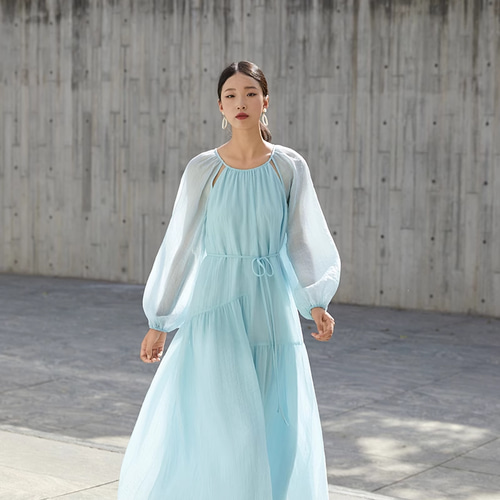 春夏の新作ロングスカート気質リラックス風フレンチワンピース湖ブルー