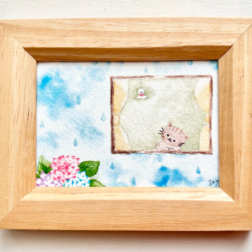 透明水彩画 ミニ額「優しい雨の日」イラスト プチギフト 猫 ねこ