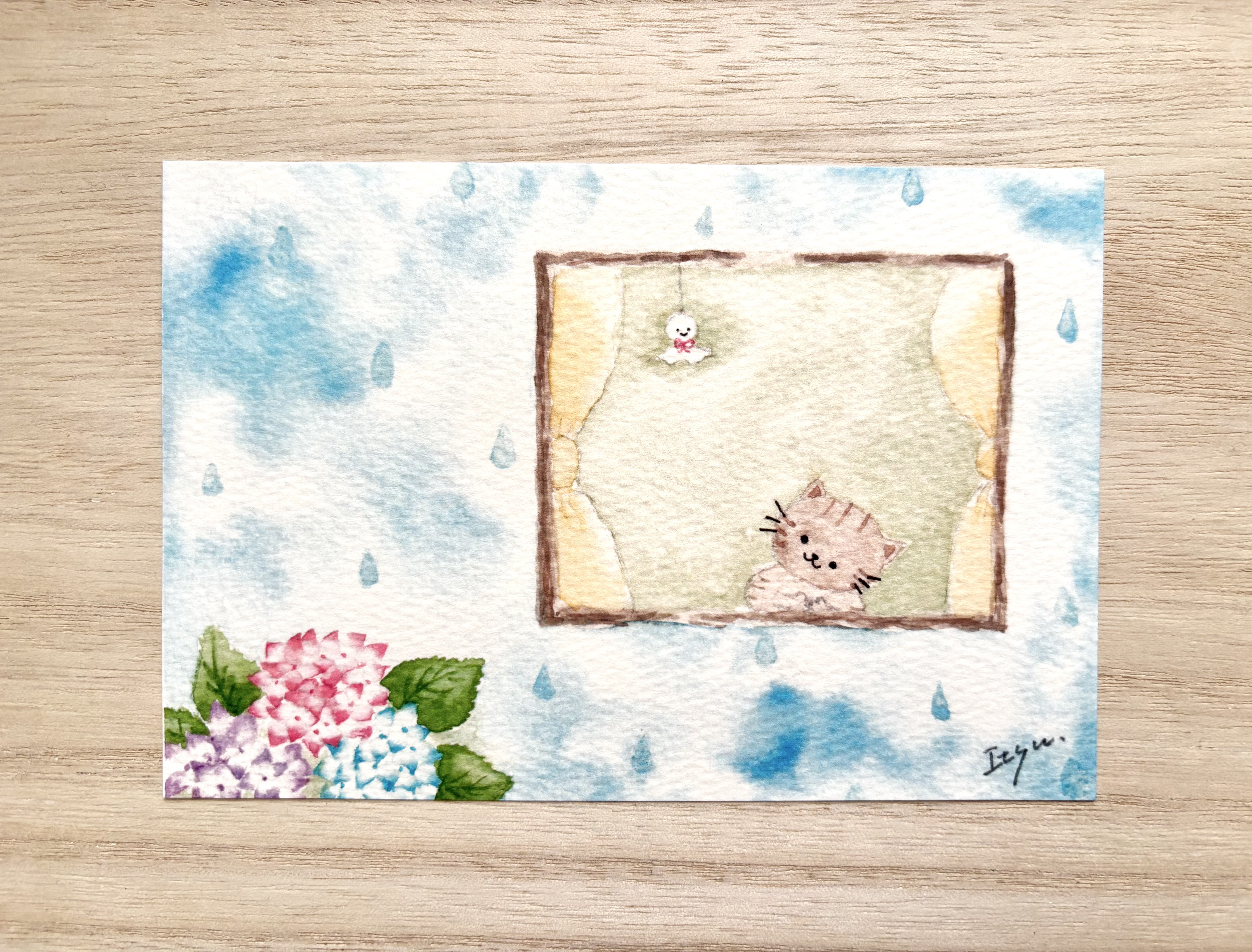 【2025秋冬新作】 透明水彩画 ネコ ねこ 3枚セットポストカード「優しい雨の日」猫 絵画