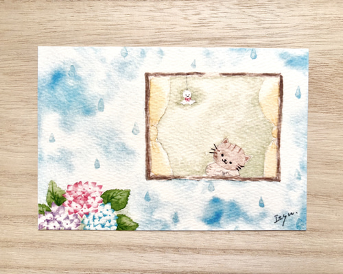 透明水彩原画 さび様 猫 少女 紫陽花 水色 透明水彩原画 さび様 猫 少女 紫陽花 水色