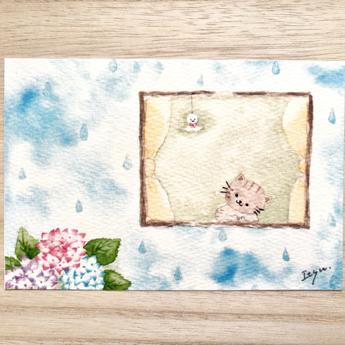 透明水彩画 3枚セットポストカード「優しい雨の日」猫 ねこ ネコ