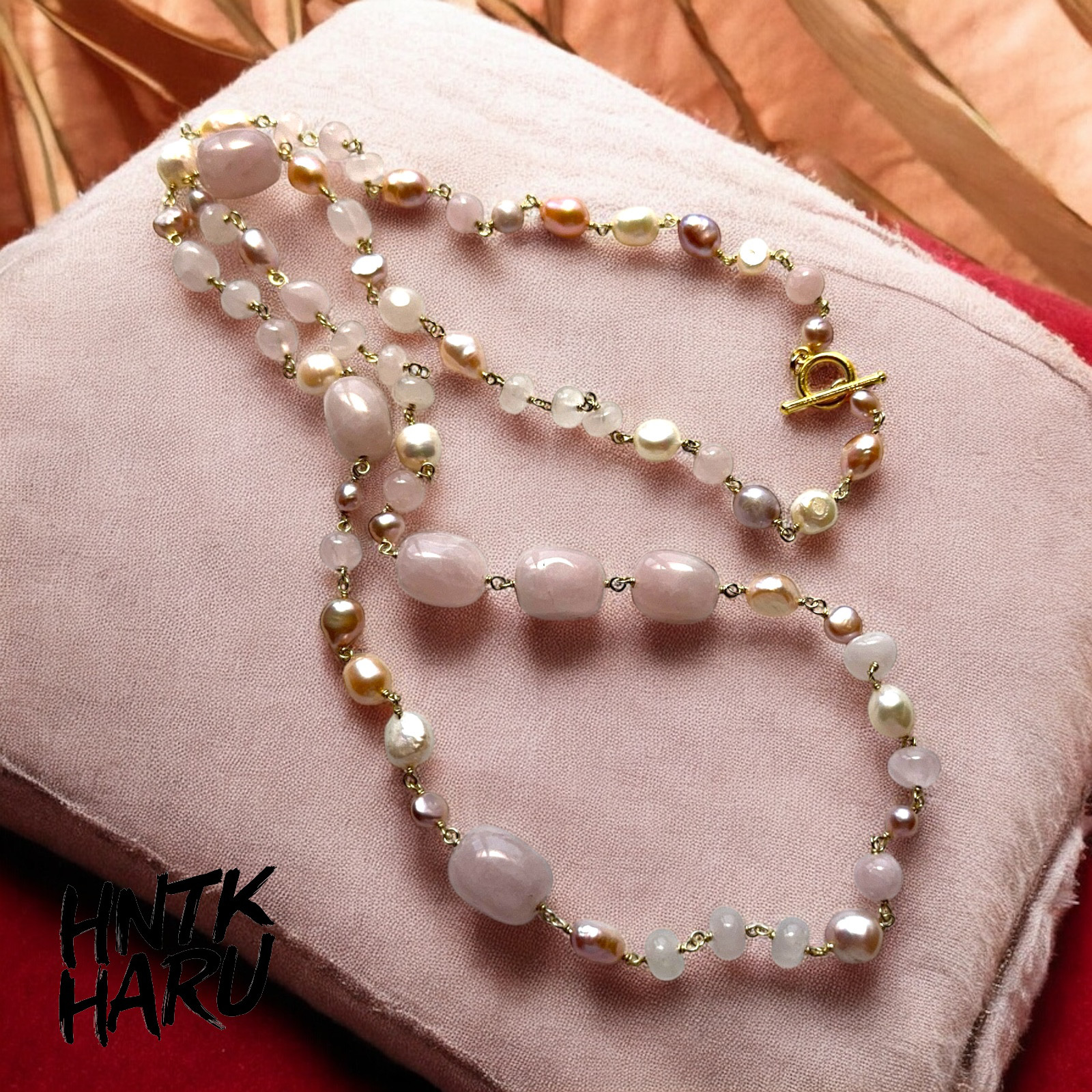 HNTK 大粒ローズクォーツ＆マルチ淡水パールロングネックレス　N0750