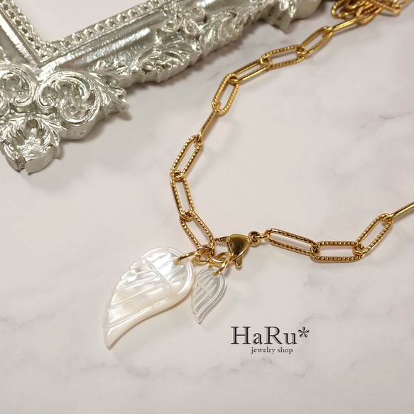 宝石質シェル（天使の羽）☆サージカルステンレスネックレス（5WAY）G 6枚目の画像