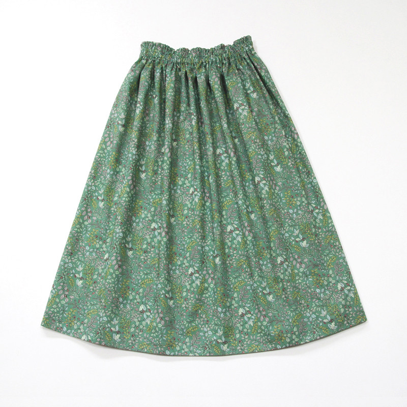 【即納】軽くて、さらり。優しい肌触り。ボタニカル ギャザースカート（ダークシーグリーン）リーフ 植物模様