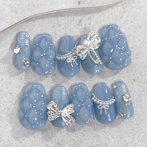 ネイルチップ　量産型フレンチガーリー　ワンホン　マグネット　キルティングフレンチ ネイルチップ マグネットキルティングガラスフレンチガーリー