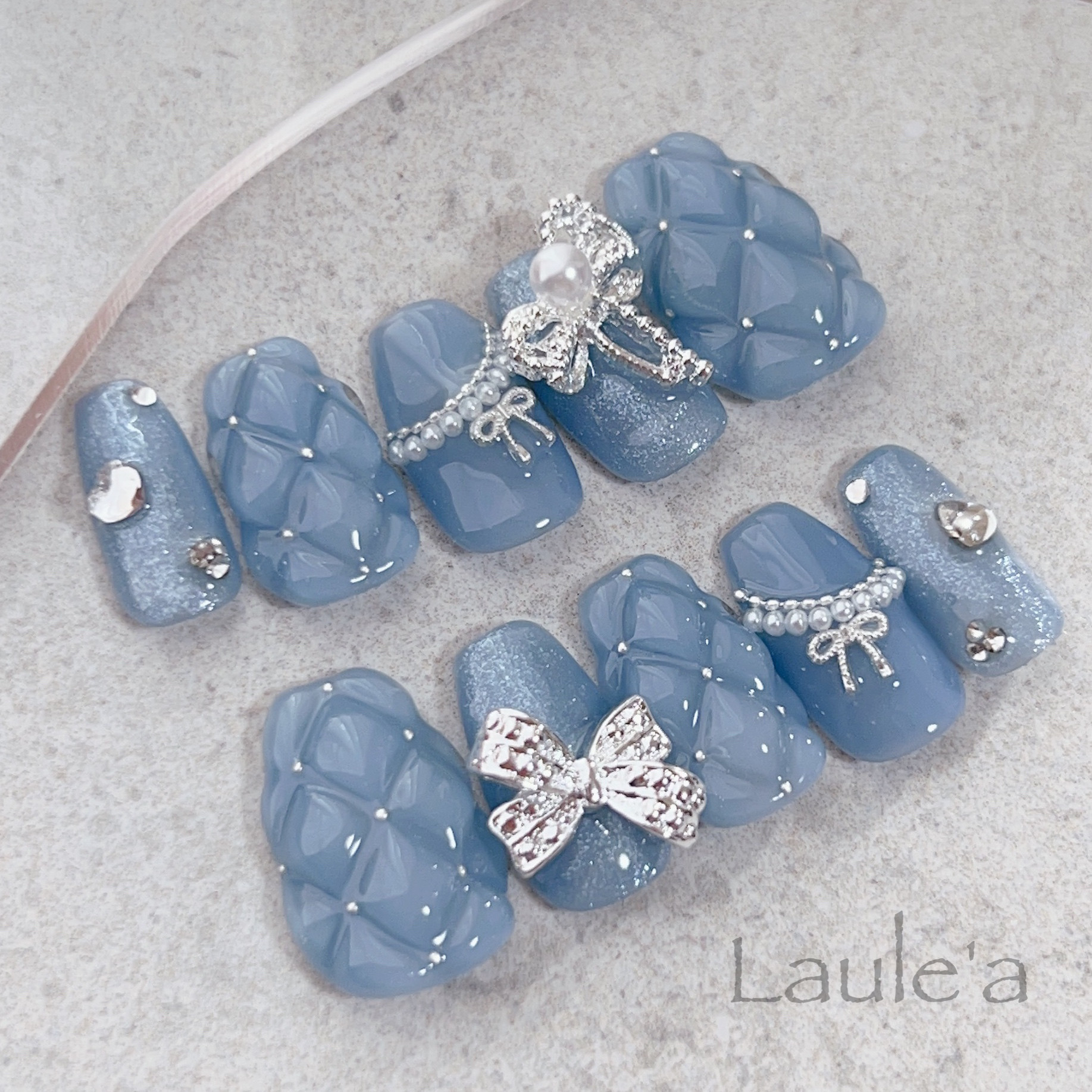 ネイルチップ オーダー クロスフレンチ ブルー 韓国 ガーリー キルティング ♡ フレンチガーリー ブルー シアー キルティング ネイルチップ