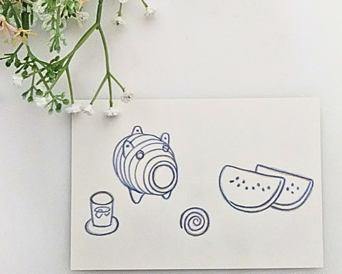 植木スイカ　色鉛筆画　はがきサイズ原画 植木スイカ 色鉛筆画 はがきサイズ原画 植木スイカ 色鉛筆画