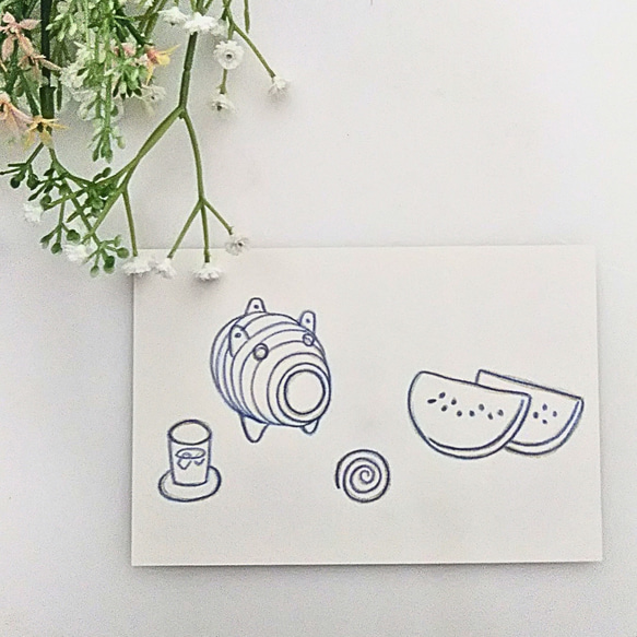 植木スイカ　色鉛筆画　はがきサイズ原画 植木スイカ 色鉛筆画 はがきサイズ原画 - メルカリ