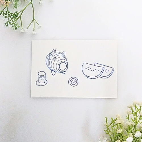 手描きイラスト・原画1点物・リクエスト・バリアス7 色鉛筆画 原画 1点物 線画 夏 スイカ 蚊取り線香 イラスト