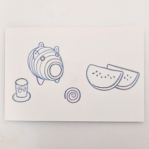 色鉛筆画 原画 1点物 線画 夏 スイカ 蚊取り線香 イラスト