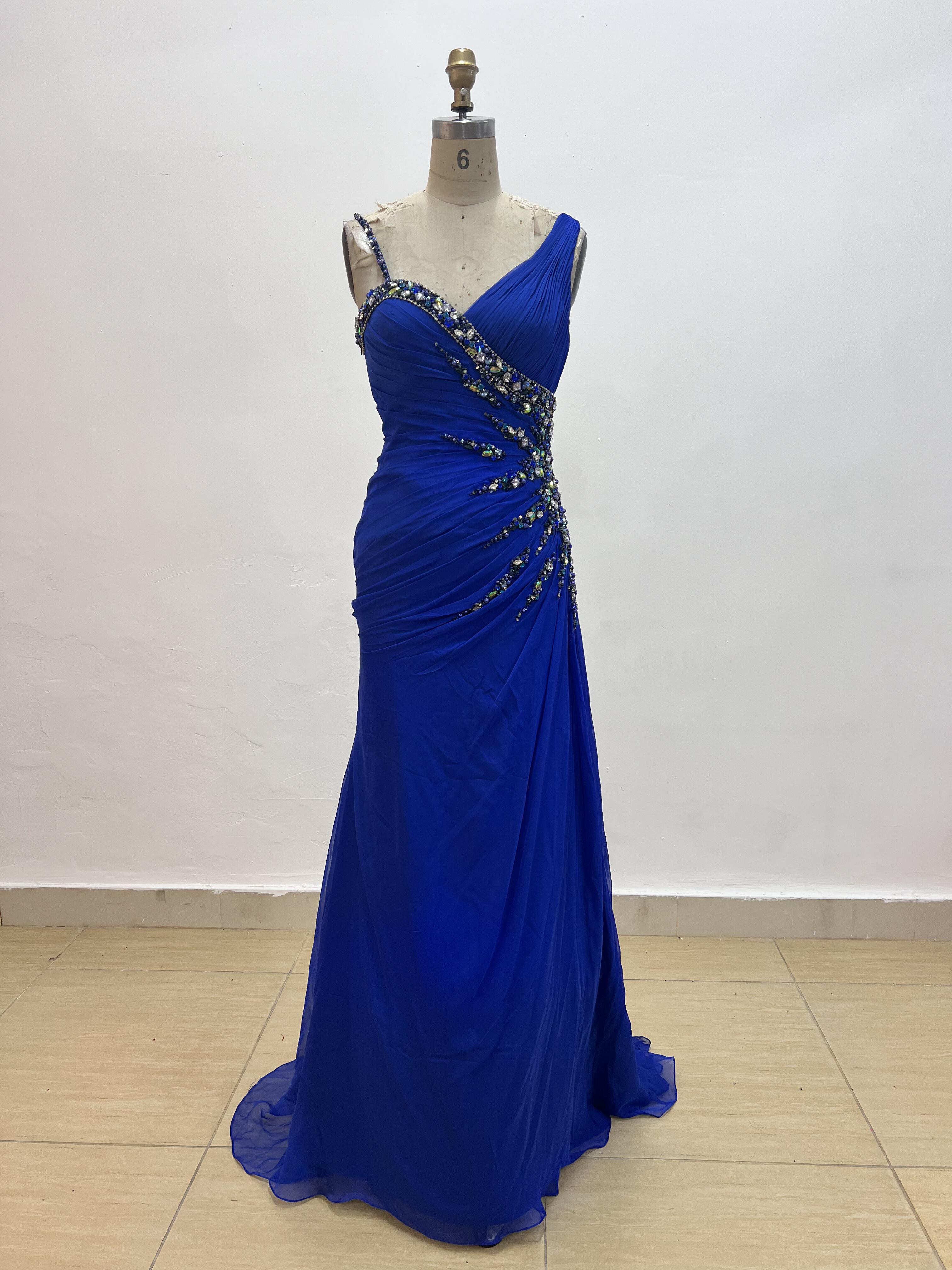 大人気上昇中　ブルー　胸フリル　ワンショルダー　ビジュー　キラキラ　タイトスカート　背中見せ　上品　サイズオーダー可能