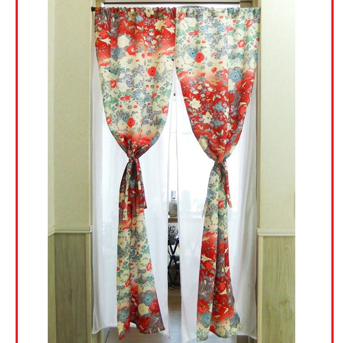 16)2289】84×146・暖簾/着物リメイク・小花蝶鶴文様 カーテン 峯風堂